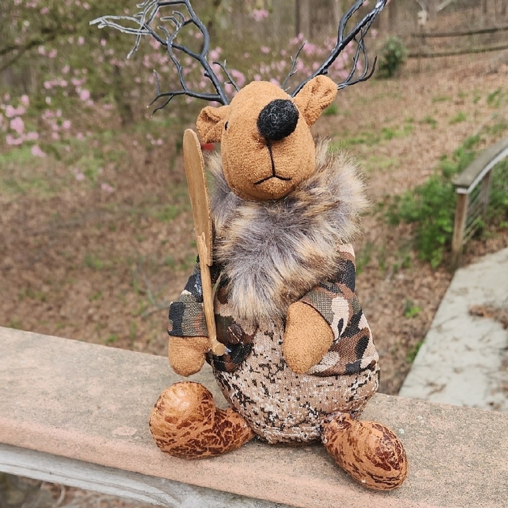 Rustic Brown Plush Reindeer Accent with Faux Fur Collar And Camo Clothing